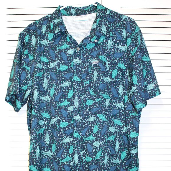 Columbia PFG short sleve shirt button down M/M Blue Fish Medium - Picture 1 of 10